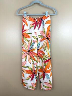 Catherine Stewart Vintage Linen Tropical Floral Crop Pants Small Lagenlook Beach